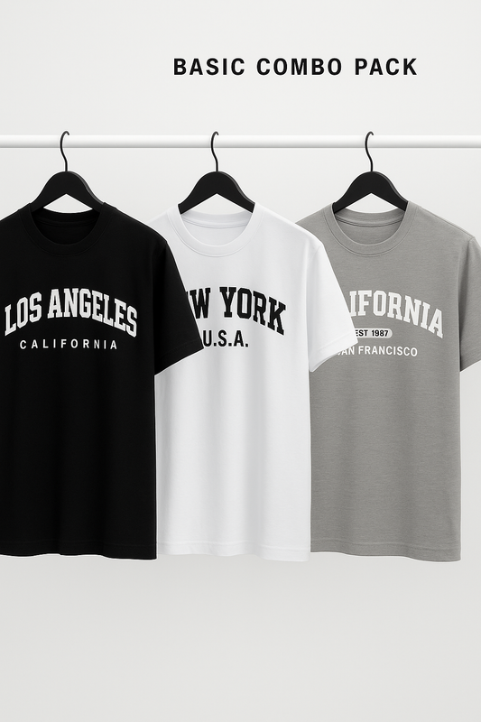 Men’s Stylish City Printed T-Shirt Combo | Los Angeles, New York, California Print | 100% Pure Cotton Round Neck Tees | Daily Wear Casual T-Shirts for Men | Pack of 3 – Soft & Comfortable UrbanEeth