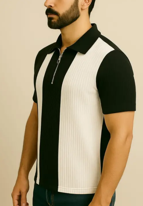 Men's Half Sleeve Polo T-Shirt with Zip Collar – Contrast Ribbed Panel Design UrbanEeth